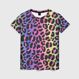 Женская футболка 3D с принтом Neon Leopard Pattern в Тюмени, 100% полиэфир ( синтетическое хлопкоподобное полотно) | прямой крой, круглый вырез горловины, длина до линии бедер | africa | afrika | gradient | summer | tropical | африка | африканский узор | градиент | леопард | леопардовый узор | лето | неон | неоновое свечение | паттерт | пятна | разные цвета | саванна | тропики | тропический узор
