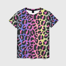 Женская футболка 3D с принтом Neon Leopard Pattern в Тюмени, 100% полиэфир ( синтетическое хлопкоподобное полотно) | прямой крой, круглый вырез горловины, длина до линии бедер | Тематика изображения на принте: africa | afrika | gradient | summer | tropical | африка | африканский узор | градиент | леопард | леопардовый узор | лето | неон | неоновое свечение | паттерт | пятна | разные цвета | саванна | тропики | тропический узор