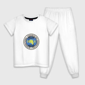 Детская пижама хлопок с принтом Тхэквондо ИТФ | Taekwondo ITF в Тюмени, 100% хлопок |  брюки и футболка прямого кроя, без карманов, на брюках мягкая резинка на поясе и по низу штанин
 | Тематика изображения на принте: fightnerds | itf | lucky bro | taekwondo | tkd | ufc | wtf | боевые искусства | бокс | втф | единоборства | итф | каратэ | ката | корея | лаки бро | мма | мотивация | соревнования | спорт | таеквондо | тренировка | тхеквондо