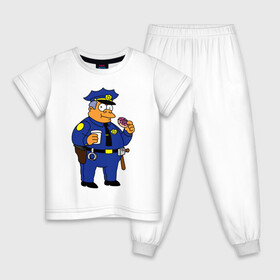 Детская пижама хлопок с принтом Шеф Виггам (Симпсоны) в Тюмени, 100% хлопок |  брюки и футболка прямого кроя, без карманов, на брюках мягкая резинка на поясе и по низу штанин
 | simpsons | клэнси виггам | симпсоны | шеф виггам