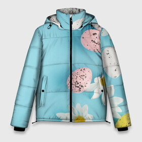 Мужская зимняя куртка 3D с принтом Пасха Easter в Тюмени, верх — 100% полиэстер; подкладка — 100% полиэстер; утеплитель — 100% полиэстер | длина ниже бедра, свободный силуэт Оверсайз. Есть воротник-стойка, отстегивающийся капюшон и ветрозащитная планка. 

Боковые карманы с листочкой на кнопках и внутренний карман на молнии. | blue background | chamomile | daisy | easter | easter day | easter eggs | easter greeting | eggs | floral | flower | greeting | happy easter | invitation | nature | plant | seasonal | spring | воскресенье | кулич | пасха | праздник | святая пасха | христо