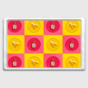 Магнит 45*70 с принтом фрукты шахматы в Тюмени, Пластик | Размер: 78*52 мм; Размер печати: 70*45 | 3d | банан | вкусняшки | еда | желтый | клетка | розовый | фрукты