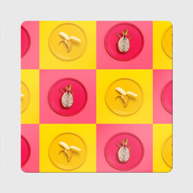 Магнит виниловый Квадрат с принтом фрукты шахматы в Тюмени, полимерный материал с магнитным слоем | размер 9*9 см, закругленные углы | Тематика изображения на принте: 3d | банан | вкусняшки | еда | желтый | клетка | розовый | фрукты