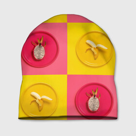 Шапка 3D с принтом фрукты шахматы в Тюмени, 100% полиэстер | универсальный размер, печать по всей поверхности изделия | 3d | банан | вкусняшки | еда | желтый | клетка | розовый | фрукты