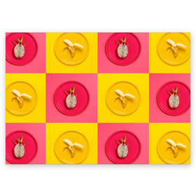 Поздравительная открытка с принтом фрукты шахматы в Тюмени, 100% бумага | плотность бумаги 280 г/м2, матовая, на обратной стороне линовка и место для марки
 | Тематика изображения на принте: 3d | банан | вкусняшки | еда | желтый | клетка | розовый | фрукты