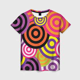 Женская футболка 3D с принтом Аннотация разноцветных кругов в Тюмени, 100% полиэфир ( синтетическое хлопкоподобное полотно) | прямой крой, круглый вырез горловины, длина до линии бедер | абстрация | аннотация | иллюзии | круги | мишени | мишень | разноцветный