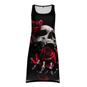 Платье-майка 3D с принтом ЧЕРЕП И РОЗЫ в Тюмени, 100% полиэстер | полуприлегающий силуэт, широкие бретели, круглый вырез горловины, удлиненный подол сзади. | death | flowers | horror | metal | rose | roses | skull | арт | зомби | кости | розы | скелет | цветы | череп | черный