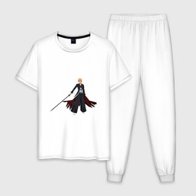 Мужская пижама хлопок с принтом Ичиго Куросаки в Тюмени, 100% хлопок | брюки и футболка прямого кроя, без карманов, на брюках мягкая резинка на поясе и по низу штанин
 | anime | bleach | hero | ichigo kurosaki | manga | блич | герой | ичиго куросаки