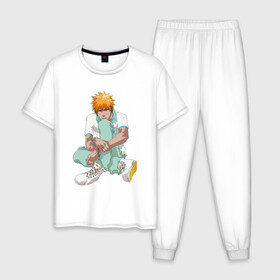 Мужская пижама хлопок с принтом Ичиго в Тюмени, 100% хлопок | брюки и футболка прямого кроя, без карманов, на брюках мягкая резинка на поясе и по низу штанин
 | anime | bleach | hero | ichigo kurosaki | manga | блич | герой | ичиго куросаки