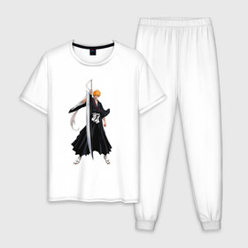 Мужская пижама хлопок с принтом Блич - Ичиго в Тюмени, 100% хлопок | брюки и футболка прямого кроя, без карманов, на брюках мягкая резинка на поясе и по низу штанин
 | Тематика изображения на принте: anime | bleach | hero | ichigo kurosaki | manga | блич | герой | ичиго куросаки