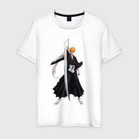 Мужская футболка хлопок с принтом Блич - Ичиго в Тюмени, 100% хлопок | прямой крой, круглый вырез горловины, длина до линии бедер, слегка спущенное плечо. | anime | bleach | hero | ichigo kurosaki | manga | блич | герой | ичиго куросаки
