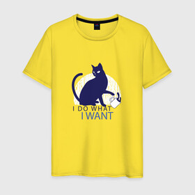 Мужская футболка хлопок с принтом Бунтующий котик в Тюмени, 100% хлопок | прямой крой, круглый вырез горловины, длина до линии бедер, слегка спущенное плечо. | black cat | cat | cats | cute | i do what i want | kawaii | kitten | kitty | pussycat | rebel | бунтарь | возмущение | делаю что хочу | злой кот | кавайи | котенок | коты | котята | люблю котов | протест | роняет | роняют | сбрасывает кружку 