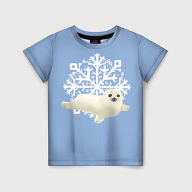 Детская футболка 3D с принтом Беляк в Тюмени, 100% гипоаллергенный полиэфир | прямой крой, круглый вырез горловины, длина до линии бедер, чуть спущенное плечо, ткань немного тянется | белый | беляк | детёныш | зима | лазурно серый | милота | милый | синий | снег | снежинка | тюлень