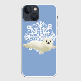 Чехол для iPhone 13 mini с принтом Беляк в Тюмени,  |  | Тематика изображения на принте: белый | беляк | детёныш | зима | лазурно серый | милота | милый | синий | снег | снежинка | тюлень
