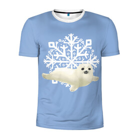 Мужская футболка 3D спортивная с принтом Беляк в Тюмени, 100% полиэстер с улучшенными характеристиками | приталенный силуэт, круглая горловина, широкие плечи, сужается к линии бедра | белый | беляк | детёныш | зима | лазурно серый | милота | милый | синий | снег | снежинка | тюлень