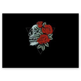 Поздравительная открытка с принтом Череп с цветами в Тюмени, 100% бумага | плотность бумаги 280 г/м2, матовая, на обратной стороне линовка и место для марки
 | Тематика изображения на принте: кости | мертвец | рок | рокнролл | цветы | череп