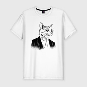 Мужская футболка хлопок Slim с принтом Сэр Кот Джентльмен в Тюмени, 92% хлопок, 8% лайкра | приталенный силуэт, круглый вырез ворота, длина до линии бедра, короткий рукав | black cat | cat | cats | cute | gentleman | kawaii | kitten | kitty | pussycat | sir cat | в костюме | кавайи | котенок | коты | котята | кошка | люблю котов | пиджак | прикол | рисунок кота | черный кот | юмор