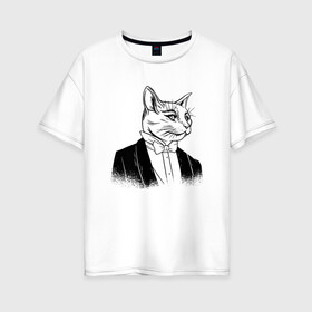 Женская футболка хлопок Oversize с принтом Сэр Кот Джентльмен в Тюмени, 100% хлопок | свободный крой, круглый ворот, спущенный рукав, длина до линии бедер
 | black cat | cat | cats | cute | gentleman | kawaii | kitten | kitty | pussycat | sir cat | в костюме | кавайи | котенок | коты | котята | кошка | люблю котов | пиджак | прикол | рисунок кота | черный кот | юмор