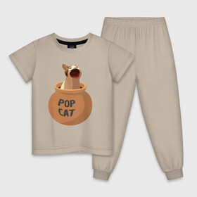 Детская пижама хлопок с принтом Pop Cat (орущий кот в горшке) в Тюмени, 100% хлопок |  брюки и футболка прямого кроя, без карманов, на брюках мягкая резинка на поясе и по низу штанин
 | cat | pop cat | wide mouthed popping cat | буп | кот | котик