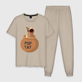 Мужская пижама хлопок с принтом Pop Cat (орущий кот в горшке) в Тюмени, 100% хлопок | брюки и футболка прямого кроя, без карманов, на брюках мягкая резинка на поясе и по низу штанин
 | cat | pop cat | wide mouthed popping cat | буп | кот | котик