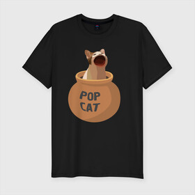 Мужская футболка хлопок Slim с принтом Pop Cat (орущий кот в горшке) в Тюмени, 92% хлопок, 8% лайкра | приталенный силуэт, круглый вырез ворота, длина до линии бедра, короткий рукав | cat | pop cat | wide mouthed popping cat | буп | кот | котик