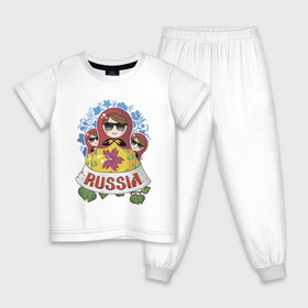 Детская пижама хлопок с принтом Russia в Тюмени, 100% хлопок |  брюки и футболка прямого кроя, без карманов, на брюках мягкая резинка на поясе и по низу штанин
 | russia | матрешки | патриотизм | родина | россия
