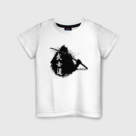 Детская футболка хлопок с принтом Busido - путь воина в Тюмени, 100% хлопок | круглый вырез горловины, полуприлегающий силуэт, длина до линии бедер | Тематика изображения на принте: воин | демон | дух | иероглиф | меч | самурай | японимая