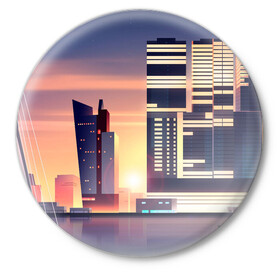 Значок с принтом Ночной Город в Тюмени,  металл | круглая форма, металлическая застежка в виде булавки | Тематика изображения на принте: архитектура | город | закат | здания | ночной город