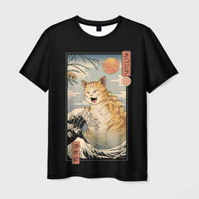 Мужская футболка 3D с принтом CATZILLA в Тюмени, 100% полиэфир | прямой крой, круглый вырез горловины, длина до линии бедер | cat | cats | catzilla | godzilla | japan | kaiju | neko | ninja | retro | samurai | shark | wave | yakuza | акула | волна | годзилла | кайдзю | катана | кот | котенок | котзилла | коты | котэ | котята | кошка | неко | ниндзя | ретро | самурай | якудза