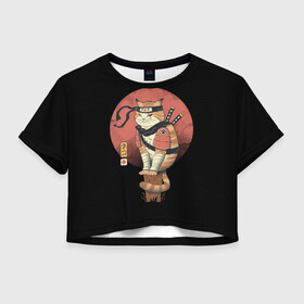 Женская футболка Crop-top 3D с принтом Кот Ниндзя в Тюмени, 100% полиэстер | круглая горловина, длина футболки до линии талии, рукава с отворотами | cat | cats | japan | ninja | samurai | yakuza | катана | кот | котенок | коты | котэ | котята | кошка | ниндзя | самурай | якудза | япония