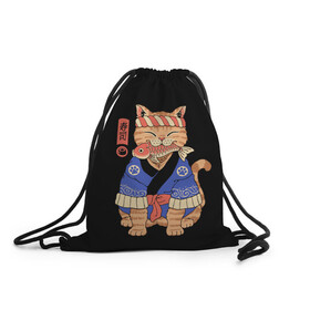 Рюкзак-мешок 3D с принтом Суши Мастер в Тюмени, 100% полиэстер | плотность ткани — 200 г/м2, размер — 35 х 45 см; лямки — толстые шнурки, застежка на шнуровке, без карманов и подкладки | cat | cats | japan | master | ninja | samurai | sushi | yakuza | катана | кот | котенок | коты | котэ | котята | кошка | мастер | ниндзя | самурай | суши | якудза | япония