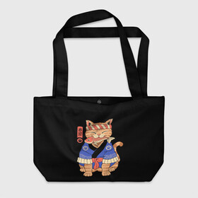 Пляжная сумка 3D с принтом Суши Мастер в Тюмени, 100% полиэстер | застегивается на металлическую кнопку; внутренний карман застегивается на молнию. Стенки укреплены специальным мягким материалом, чтобы защитить содержимое от несильных ударов
 | cat | cats | japan | master | ninja | samurai | sushi | yakuza | катана | кот | котенок | коты | котэ | котята | кошка | мастер | ниндзя | самурай | суши | якудза | япония