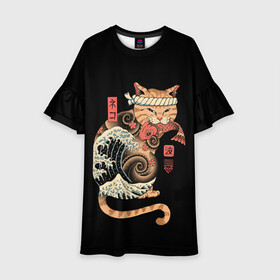 Детское платье 3D с принтом Cat Wave в Тюмени, 100% полиэстер | прямой силуэт, чуть расширенный к низу. Круглая горловина, на рукавах — воланы | cat | cats | japan | ninja | samurai | shogun | wave | yakuza | волна | катана | кот | котенок | коты | котэ | котята | кошка | ниндзя | самурай | сёгун | якудза | япония