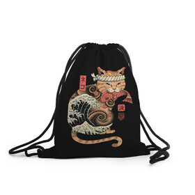 Рюкзак-мешок 3D с принтом Cat Wave в Тюмени, 100% полиэстер | плотность ткани — 200 г/м2, размер — 35 х 45 см; лямки — толстые шнурки, застежка на шнуровке, без карманов и подкладки | cat | cats | japan | ninja | samurai | shogun | wave | yakuza | волна | катана | кот | котенок | коты | котэ | котята | кошка | ниндзя | самурай | сёгун | якудза | япония
