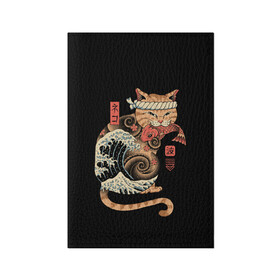 Обложка для паспорта матовая кожа с принтом Cat Wave в Тюмени, натуральная матовая кожа | размер 19,3 х 13,7 см; прозрачные пластиковые крепления | Тематика изображения на принте: cat | cats | japan | ninja | samurai | shogun | wave | yakuza | волна | катана | кот | котенок | коты | котэ | котята | кошка | ниндзя | самурай | сёгун | якудза | япония