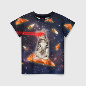 Детская футболка 3D с принтом Котик в космосе в Тюмени, 100% гипоаллергенный полиэфир | прямой крой, круглый вырез горловины, длина до линии бедер, чуть спущенное плечо, ткань немного тянется | nyan cat | youtube | еда | космос | котик | мемы | пицца | психоделика | ютуб