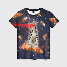 Женская футболка 3D с принтом Котик в космосе в Тюмени, 100% полиэфир ( синтетическое хлопкоподобное полотно) | прямой крой, круглый вырез горловины, длина до линии бедер | nyan cat | youtube | еда | космос | котик | мемы | пицца | психоделика | ютуб