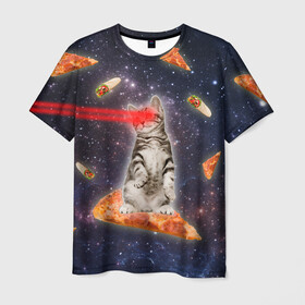 Мужская футболка 3D с принтом Котик в космосе в Тюмени, 100% полиэфир | прямой крой, круглый вырез горловины, длина до линии бедер | nyan cat | youtube | еда | космос | котик | мемы | пицца | психоделика | ютуб