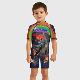 Детский купальный костюм 3D с принтом Динозавр в космосе в Тюмени, Полиэстер 85%, Спандекс 15% | застежка на молнии на спине | dinosaur | meme | youtube | динозавр | космос | мемы | психоделика | ютуб