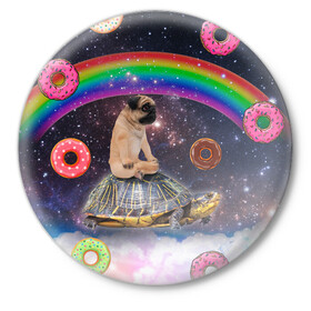 Значок с принтом Мопс на черепахе в космосе в Тюмени,  металл | круглая форма, металлическая застежка в виде булавки | космос | мемы | мопс | психоделика | собака | черепаха