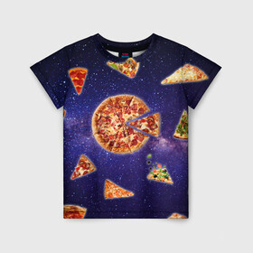 Детская футболка 3D с принтом Пицца в космосе в Тюмени, 100% гипоаллергенный полиэфир | прямой крой, круглый вырез горловины, длина до линии бедер, чуть спущенное плечо, ткань немного тянется | meat | pizza | space | youtube | еда | космос | мемы | пицца | психоделика | ютуб