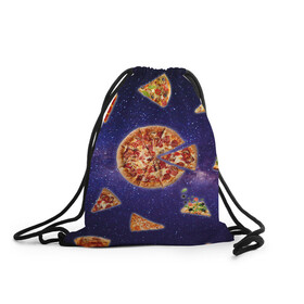 Рюкзак-мешок 3D с принтом Пицца в космосе в Тюмени, 100% полиэстер | плотность ткани — 200 г/м2, размер — 35 х 45 см; лямки — толстые шнурки, застежка на шнуровке, без карманов и подкладки | meat | pizza | space | youtube | еда | космос | мемы | пицца | психоделика | ютуб