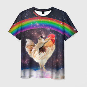 Мужская футболка 3D с принтом Мопс на курице в космосе в Тюмени, 100% полиэфир | прямой крой, круглый вырез горловины, длина до линии бедер | Тематика изображения на принте: mene | space | youtube | космос | курица | мемы | мопс | петух | психоделика | собака | ютуб
