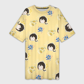 Платье-футболка 3D с принтом Чиби Чжун Ли в Тюмени,  |  | арт | деньги | золотая монета | милый парень | монета | мора | рисунок | синие цветы | синий цветок | цветок | цветы | чжун ли | чиби | чибик