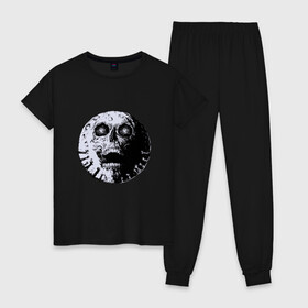 Женская пижама хлопок с принтом Луна Череп в Тюмени, 100% хлопок | брюки и футболка прямого кроя, без карманов, на брюках мягкая резинка на поясе и по низу штанин | creepy | devil | halloween | hand | hands | horror | moon | satan | scream | skull | spooky | zombie | зомби | кратер | крик | крипота | лунный череп | мистика | мистицизм | руки | сатанизм | ужасы | хеллоуин | хоррор | хоррор мерч | хэллоуин |