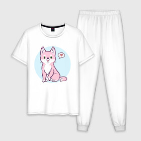 Мужская пижама хлопок с принтом Хаски розовая в Тюмени, 100% хлопок | брюки и футболка прямого кроя, без карманов, на брюках мягкая резинка на поясе и по низу штанин
 | animals | животное | зверь | пес | сердечко | собака | хаски | хаски милаха