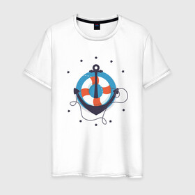 Мужская футболка хлопок с принтом Якорь в Тюмени, 100% хлопок | прямой крой, круглый вырез горловины, длина до линии бедер, слегка спущенное плечо. | звезды | минимализм | рисунок | спасательный круг | якорь