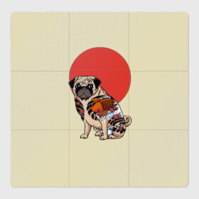 Магнитный плакат 3Х3 с принтом Мопс в Тюмени, Полимерный материал с магнитным слоем | 9 деталей размером 9*9 см | Тематика изображения на принте: мопс | мопсик | мопсики | самурай | собака | солнце | тату | япония | японское