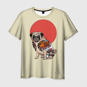 Мужская футболка 3D с принтом Мопс в Тюмени, 100% полиэфир | прямой крой, круглый вырез горловины, длина до линии бедер | мопс | мопсик | мопсики | самурай | собака | солнце | тату | япония | японское