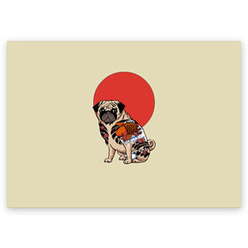 Поздравительная открытка с принтом Мопс в Тюмени, 100% бумага | плотность бумаги 280 г/м2, матовая, на обратной стороне линовка и место для марки
 | Тематика изображения на принте: мопс | мопсик | мопсики | самурай | собака | солнце | тату | япония | японское
